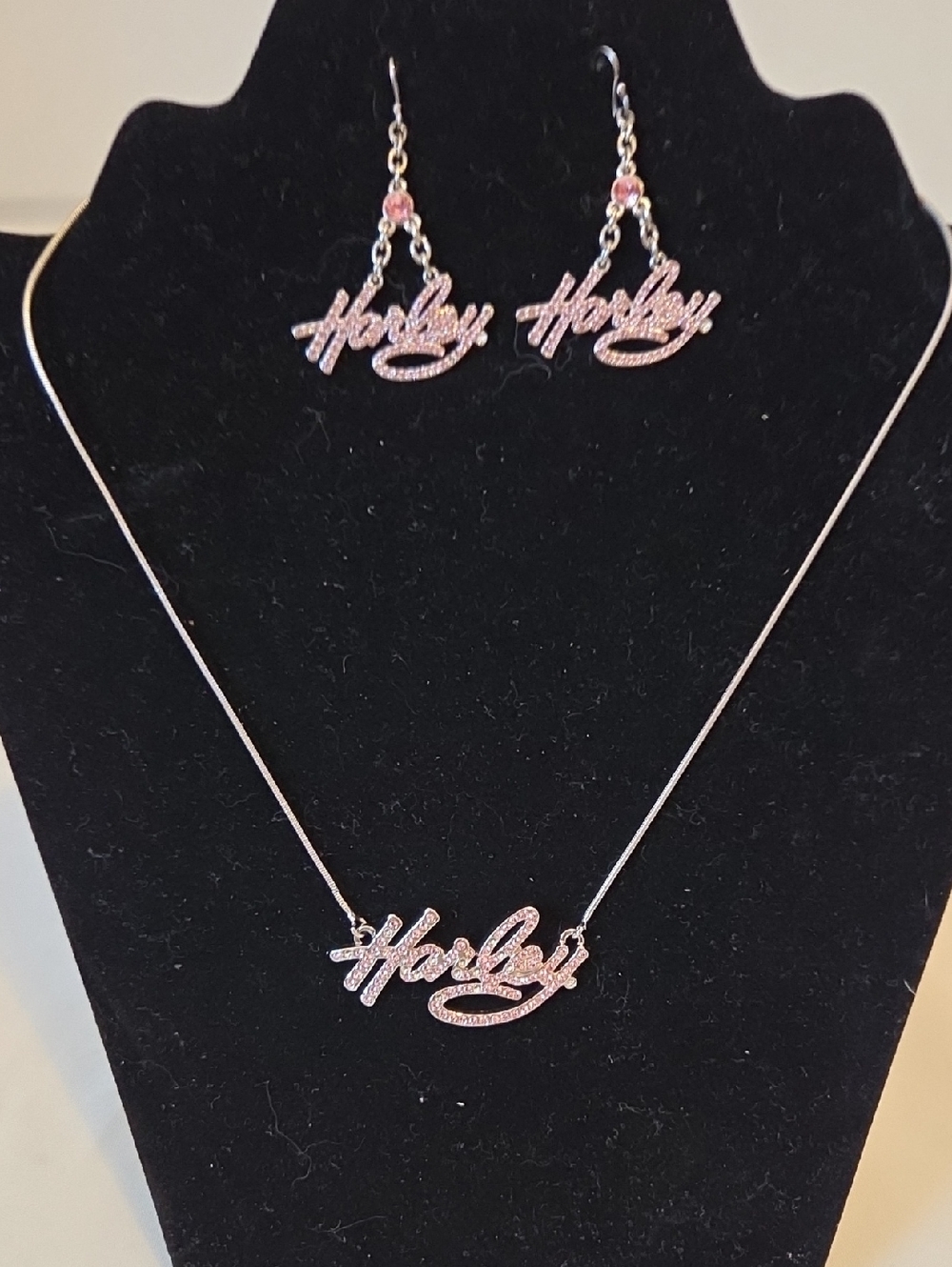Harley-Davidson Pink Script Necklace and Dangle Earrings